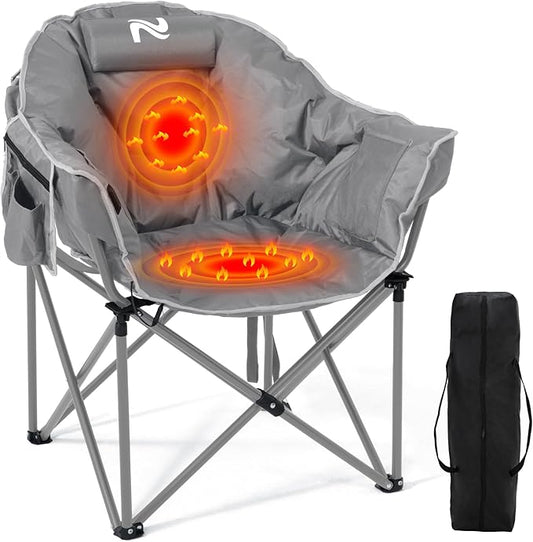 Oversized Heated Camping Chair, 3 Heating Levels Soft Padded Camp Chairs with Pillow and Storage Bag, Portable Folding Outdoor Heated Moon Chair for Camping Lawn Patio Beach and Picnics, Grey
