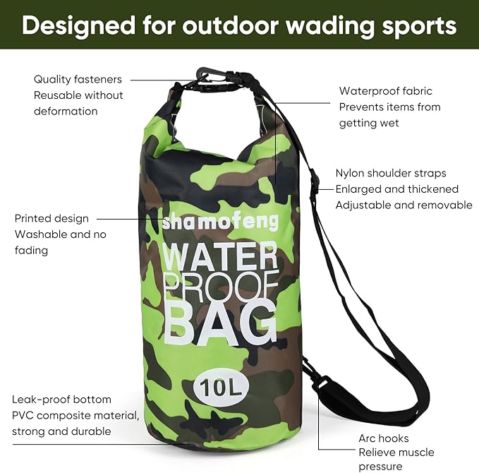 Waterproof Dry Bag 5L/10L/15L/20L/30L Roll Top Dry Storage Backpack with Phone Case, Collapsible Water Bottle, Sunglasses, Ear Band for Kayaking Boating Swimming Fishing Camping, Green 30L