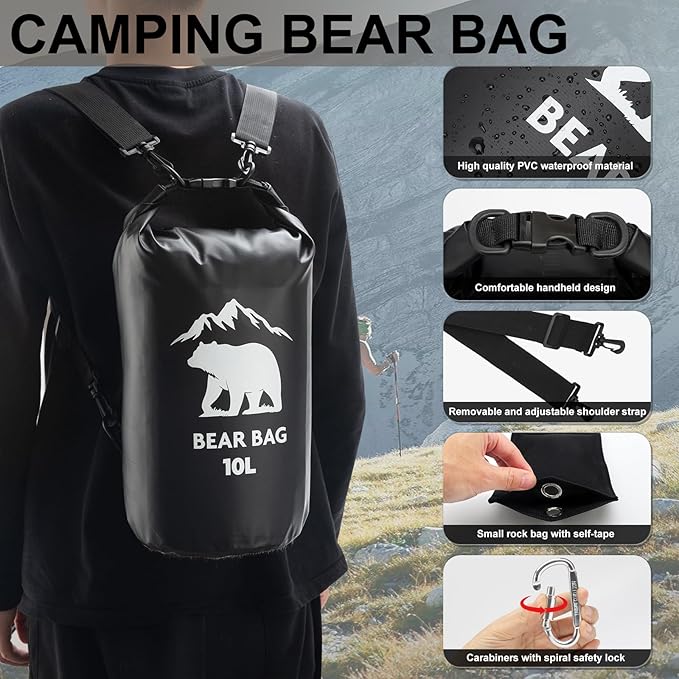 1 Set Bear Bags for Food Backpacking 10L Bear Food Bag Hanging System Bear Proof Food Storage Includes Waterproof Bear Bag, Rock Pouch, Hooks and Nylon Ropes for Camping Hiking (10 L, Black)
