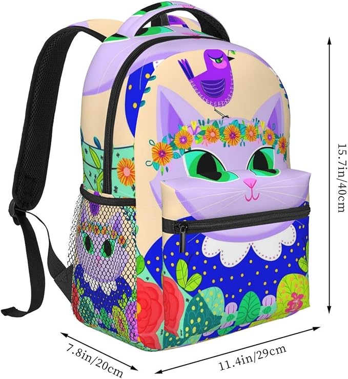 Men Women Polyester Cartoon Cats Birds Flowers Childlike And Dreamy Art Daypack Backpack Large Capacity Carry On Bag With Smooth Zippers for Hiking Picnic Walking Cycling