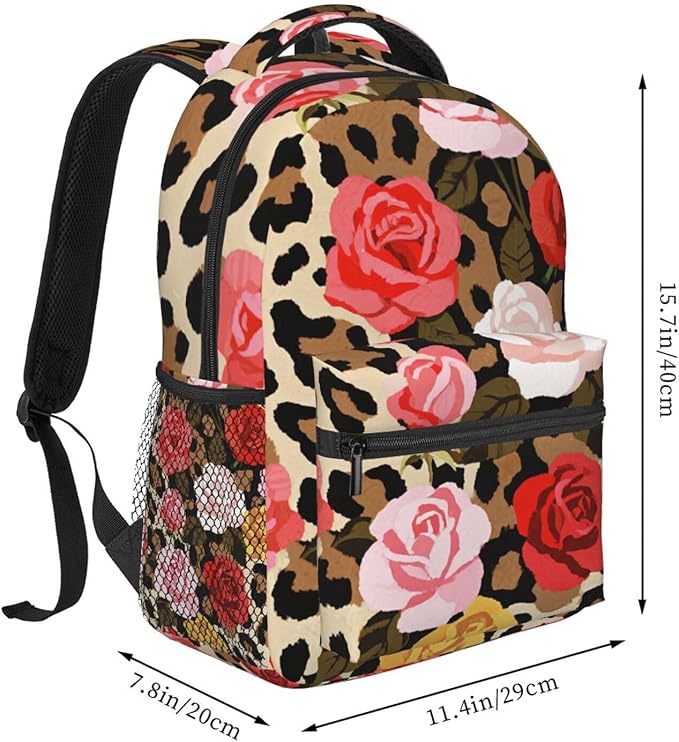 Rucksack Anti-Theft Multipurpose Big Capacity Carry On Bag, Cheetah Leopard Print Floral Traveling Camping Backpack With Side Pockets
