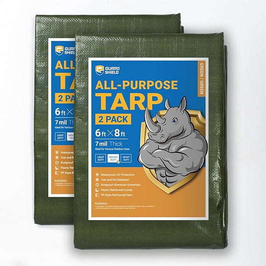 GUARD SHIELD Green Tarp Waterproof 6x8 Feet Medium Duty All Purpose Poly Tarps Cover 7mil (2-Pack)