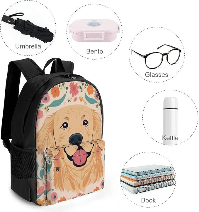 Women Men Polyester Golden Retriever Floral Dogs Casual Daypack Large Capacity Bookbag With Side Pockets for Sports Picnic Walking Cycling