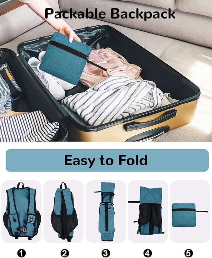 Folding Hiking Backpack with Phone Pocket for Men Women, Small Ultralight Packable Casual Daypack with Shoulder Chest Straps for Travel, 15L Foldable Lightweight Day Pack, Blue