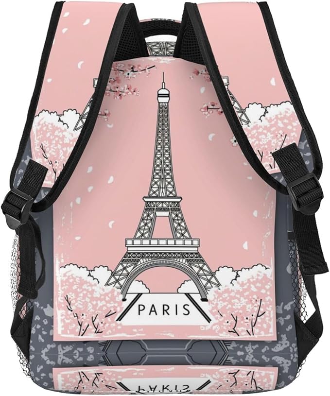 Men Women Polyester Paris Eiffel Tower With Pink Cherry Flower Blossom Art Daypack Big Capacity Shoulder Bag With Adjustable Shoulder Straps for Camping Travel Walking Cycling