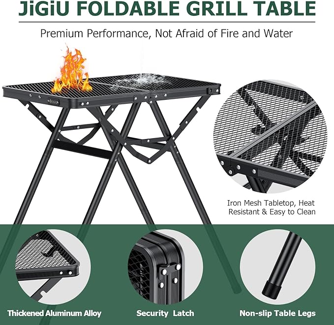 JiGiU Folding Camping Table Pinic Table Height Adjustable Foldable Table 180lbs Load with Carry Handle More Stable Feet for Outdoor Indoor Hiking Camp BBQ Beach (Black, Iron Mesh Tabletop)