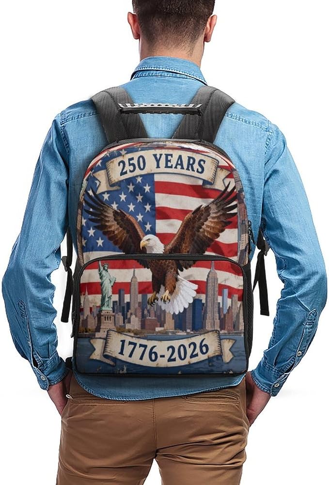 Men Women Polyester 250th Anniversary 1776-2026 Patriotic Eagle Art Backpack Large Capacity Bookbag With Smooth Zippers for Climbing Picnic Bicycle