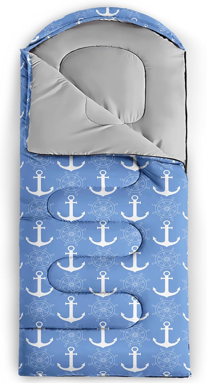 AILONEN Boys Sleeping Bag for Camping,Nautical Anchor,Lightweight & Waterproof,3 Season Warm & Cool Weather,Navy Blue Sleeping Bags for Kids Men Travelling,Outdoors