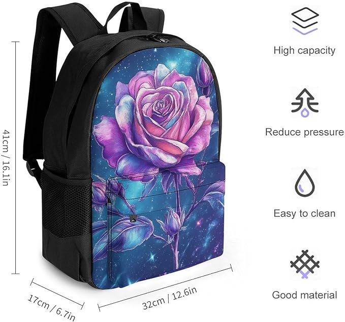 Supdreamc Daypack Bookbag Multipurpose Anti-Theft Big Capacity Carry On Bag, Space Galaxy Flower Glitter Rose Art Travel Hiking Camping Rucksack With Padded Straps