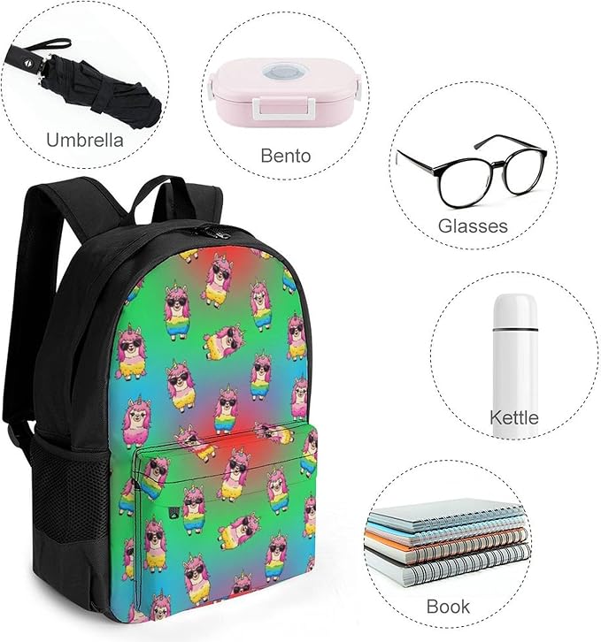 Rucksacks Polyester Anti-Theft Multipurpose Cute Funny Llama Rainbow Alpaca Unicorns Carry On Bag Large Capacity Gym Outdoor Hiking Backpack With Smooth Zippers