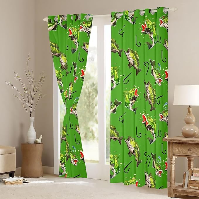 Manfei Fishing Blackout Curtains Green Pike Fish Window Drapes,Fishing and Hunting Theme Window Treatments,Kids Boys Girls Room Decor,Grommet Top 2 Panel Set Bedroom Curtains, 42Wx84L inch