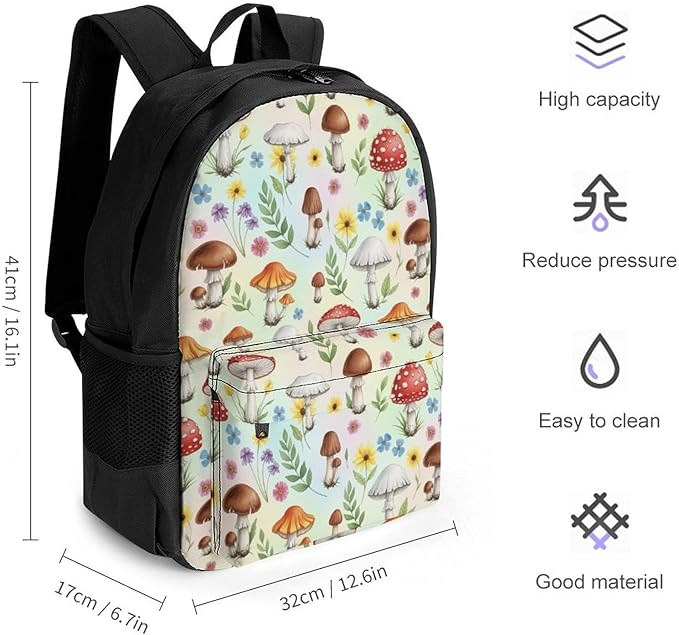 Sturdy Rucksack for College Bookbag and Outdoor Hiking with Large Capacity Floral Mushrooms Men Women