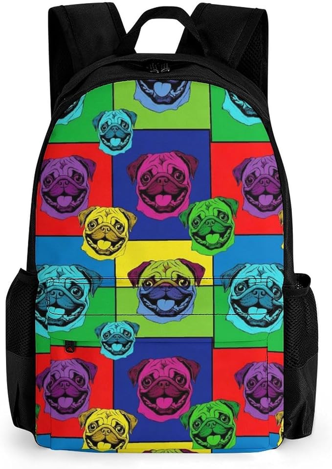 Backpack Polyester Anti-Theft Multipurpose Colorful Pug Dog Bookbag Large Capacity Laptop Book Bag Rucksack With Side Pockets