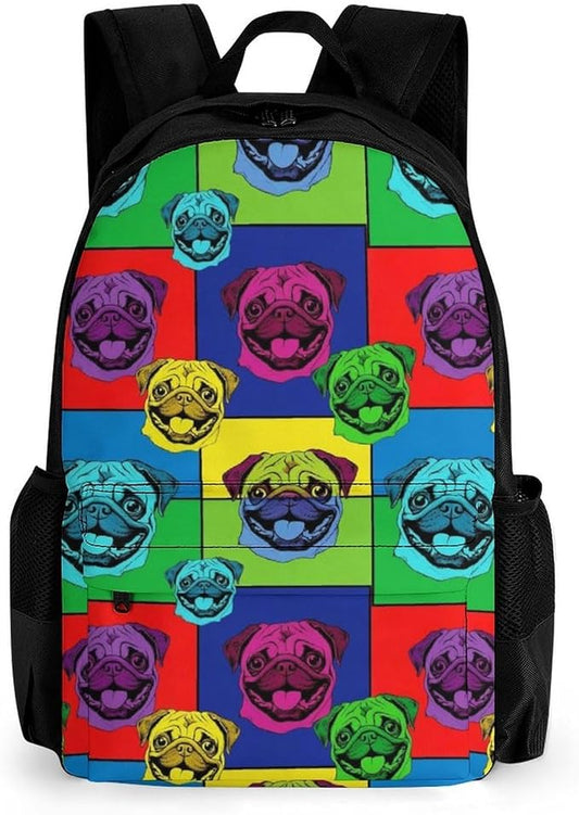 Backpack Polyester Anti-Theft Multipurpose Colorful Pug Dog Bookbag Large Capacity Laptop Book Bag Rucksack With Side Pockets