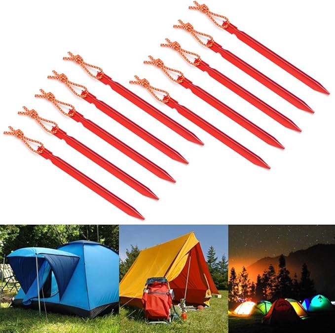 SourceTon 10 Pack Tent Stakes with 4 Reflective Guy Lines - 7075 Aluminum Lightweight Rust-Free Camping Pegs for All Terrains, Includes Adjustable Cord & Carry Pouch (7" Heavy Duty)