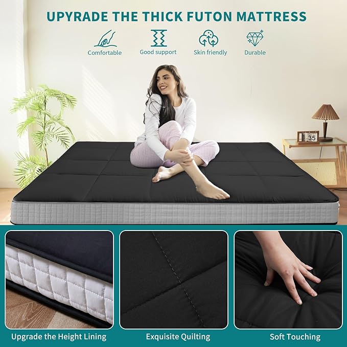 SUNYRISY Japanese Floor Futon Mattress Foldable & Portable Tatami Mat Sleeping Pad Roll Up Bed Topper for Guest Lounger, Queen, Black