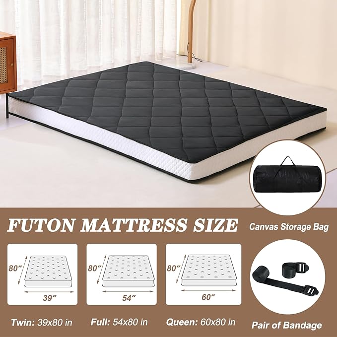 DoCred Twin Size Futon Mattress, Extra Thick Foldable Japanese Floor Mattress Memory Foam Sleeping Pad for Adults - Roll Up Mattress Tatami Mat Folding Sleeping Pad Breathable Floor Lounger Guest Bed