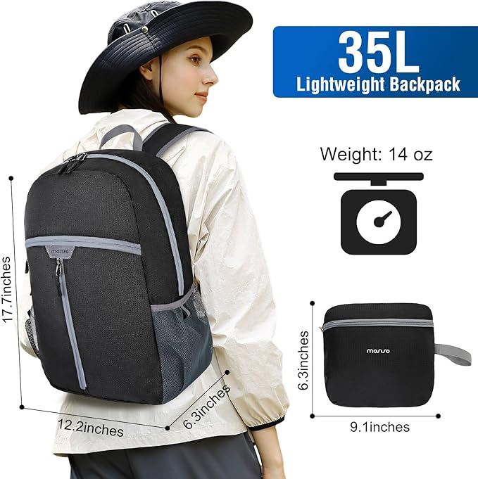 MOSISO Lightweight Hiking Daypack,35L Waterproof Packable Backpack, Foldable Day Bag with Inside Wet Clothes Compartments for Travel Camping Outdoor, Black