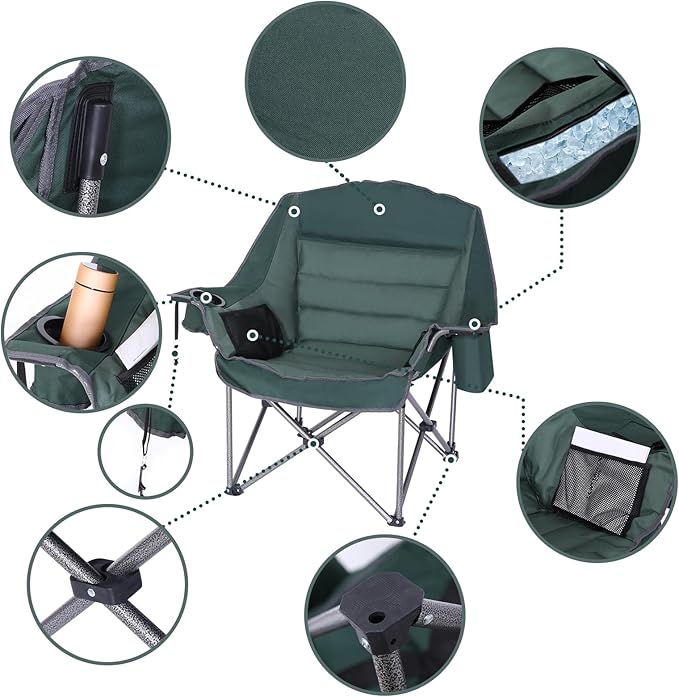Camping Chair, Padded Camping Chair Cushioned Extra Wide, Lounge Patio Chair for Adults, Heavy-Duty 400Lbs with Cooler, Cup Holder, and Carry Bag (Green, 1-Pack)