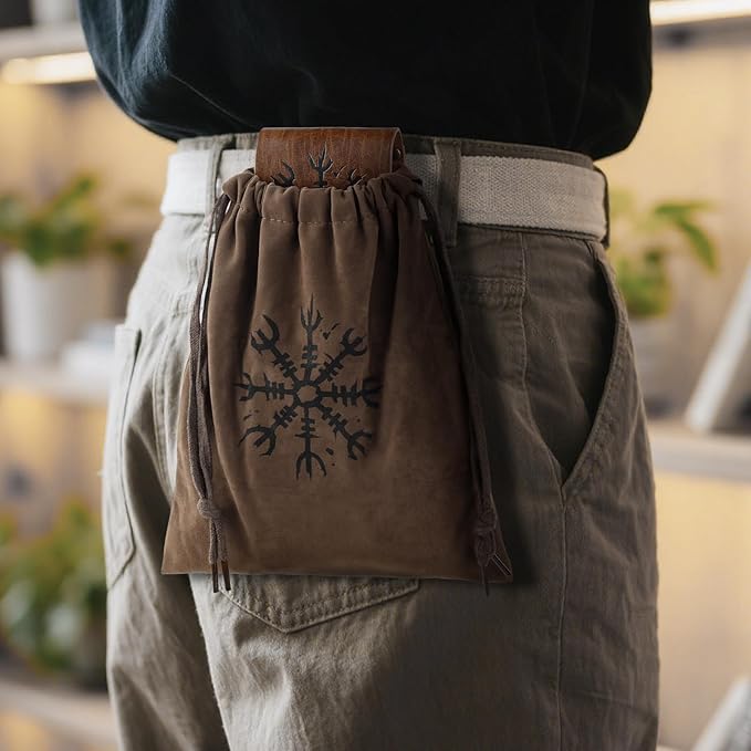 HiiFeuer Medieval Embossed Foraging Bag Belt Pouch, Portable Collapsible Bag Hiking Pouch for Ren Faire (Brown A)