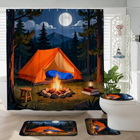Tent Shower Curtain Sets, Outdoor Adventure Campfire Moon Summer Orange Washable with Hooks Bathroom Cloth Shower Curtain and Rug Set for Bathtub Toile Guest Room Decor 72x72 Inch