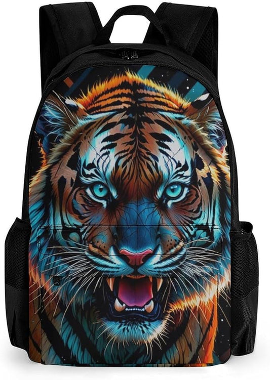 Men Women Polyester Angry Tiger Rainbow Animal Magic Art Casual Daypack Large Capacity Carry On Bag With Adjustable Shoulder Straps for Camping Work Running