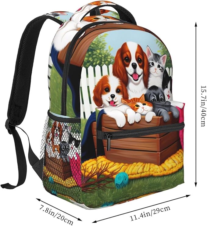 Men Women Lightweight Cute Animals Happy Dogs And Cats Art Backpack Large Capacity Bookbag With Smooth Zippers for Gym Business Running
