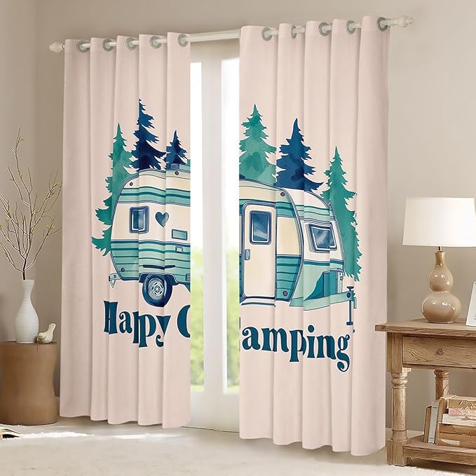 Erosebridal Happy Camping Window Curtains 38" Wx45 L Country Camper Blackout Curtains for Bedroom Living Room,Camping Vehicle Camp Window Treatments Cartoon Camper Car Drapes Decor 2 Panels