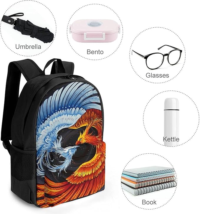 Supdreamc Backpack Polyester Multipurpose Anti-Theft Ice Water Fire Flame Phoenix Bird Art Shoulder Bag Big Capacity Gym Outdoor Hiking Backpack With Padded Straps