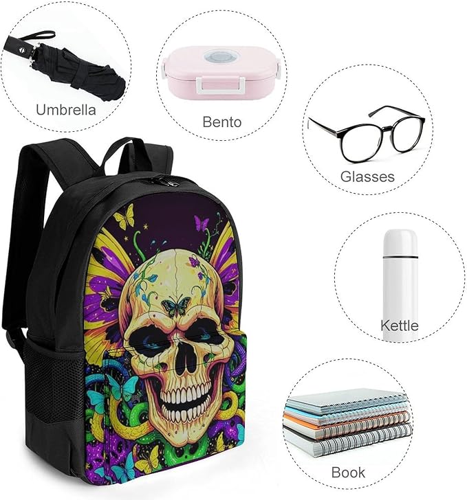 Men Women Lightweight Skull And Butterflies Backpack Large Capacity Carry On Bag With Padded Straps for Sports Work Walking Cycling