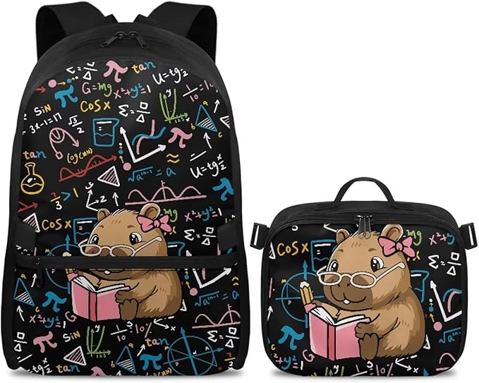 HUGS IDEA Math Capybara Backpack with Lunchbox School Bookbag with Lunch Tote for Kids Large Capacity Elementary School Bag 17 Inch Book Bag for Girls Polyester Children Back Pack