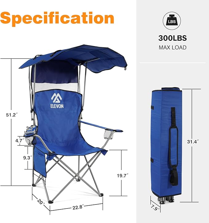 Elevon Camping Chair, Oversized Folding Chair with Canopy, Portable Outdoor Chair with Arms, Cup Holder and Carry Bag for Camping, Fishing, Beach, and Sports, Sky Blue