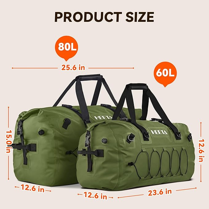 HEETA Waterproof Duffel Bag Motorcycle Dry Bag (Green 60L) Bundled with Self Inflating Sleeping Pad with Electric Pump, 4" Ultra Thick Memory Foam Camping Mattress