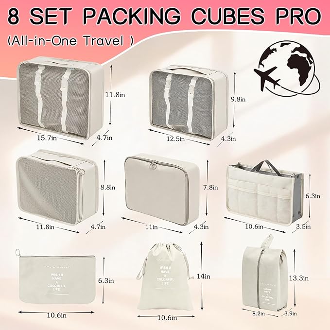 Packing Cubes for Travel - 8 PCS Compression Packing Organizers Set, Water-Resistant Luggage Organizers with Laundry Bag for Suitcase, Travel Bags Organizer for Efficient Packing (Black)