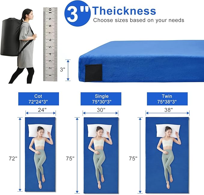 Single Memory Foam Camping Mattress pad, Thick Sleeping Mat for Adults with Waterproof and Non-Slip Bottom, Portable Roll Up Mattress for Sleepover Guest,Cot Pad for Car Camping