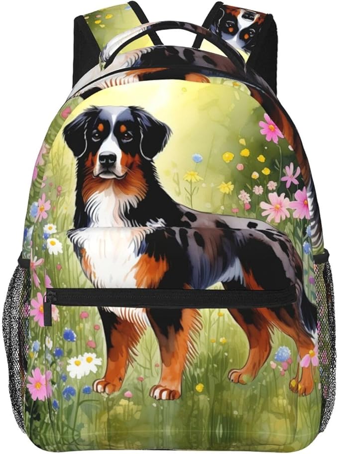 Rucksack Polyester Anti-Theft Multipurpose Shetland Sheepdog Dog Watercolor Pink Flower Art Bookbag Big Capacity Travel and Sport Backpack Rucksack With Side Pockets