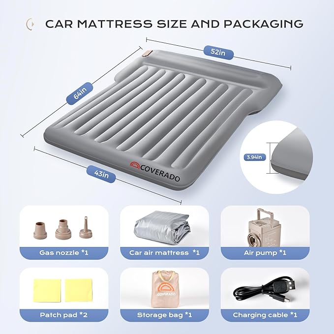 Coverado SUV Air Mattress with Wireless Built-in Pump & Pillows, Durable Thickened 300D Oxford Fabric Car Air Bed for Camping, Quick Easy Set-Up, Universal Air Mattress for SUVs, Minivans
