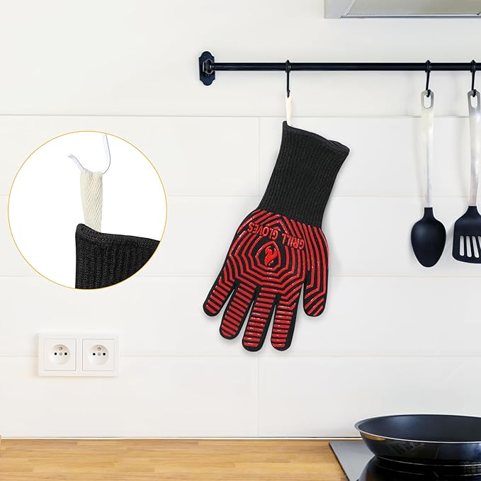 BBQ Gloves, BBQ Accessories 1472℉ Extreme Heat Resistant, Grilling Gloves Silicone Non-Slip Oven Mitts, Kitchen Gloves for BBQ, Grilling, Cooking, Baking-1 Pair 14inch