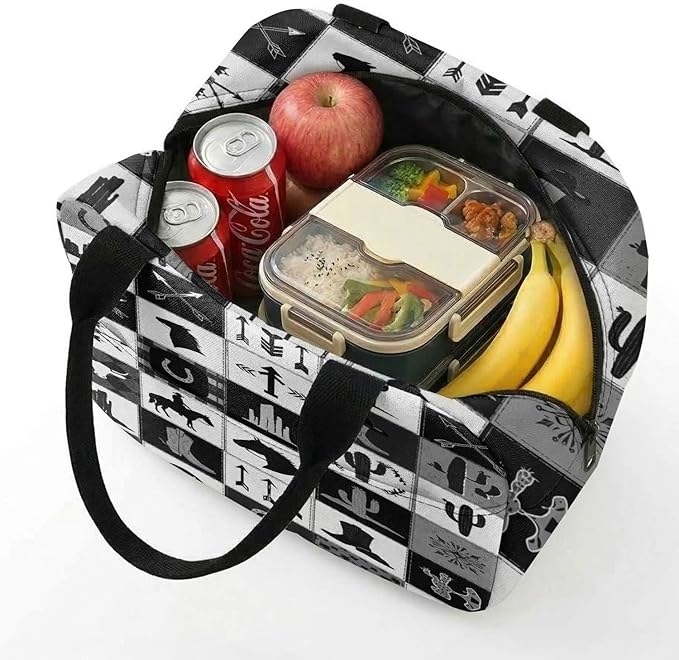 Western Retro Denim Insulated Lunch Bag Bear Deer Bird Nature Landscape Cactus Thermal Tote Portable Size (04)