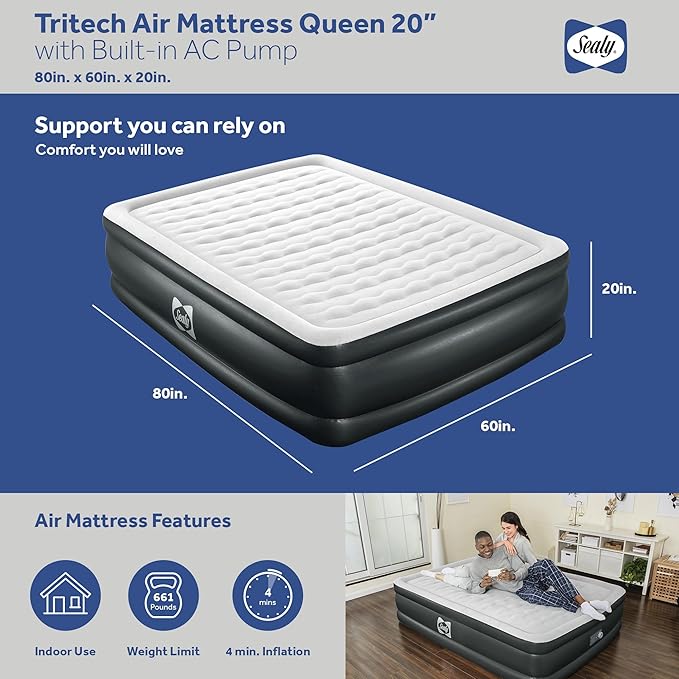 Sealy Tritech Queen Sized 20" Air Mattress Bed 2 Person w/Built-in AC Pump & Bag