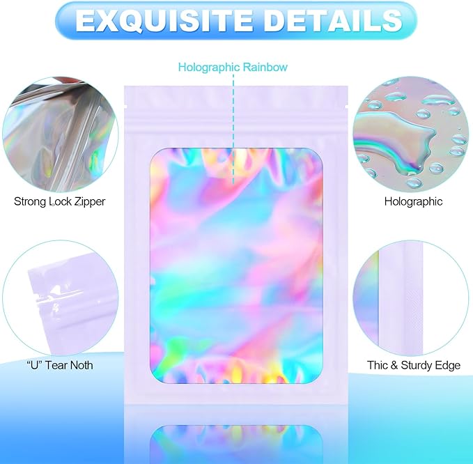 100 Pieces Smell Proof Mylar Bags- Resealable Holographic Packaging Pouch Bag with Clear Window for Food Storage Eyelash Jewelry Electronics Storage (Purple, 2.8 x 4 Inch)