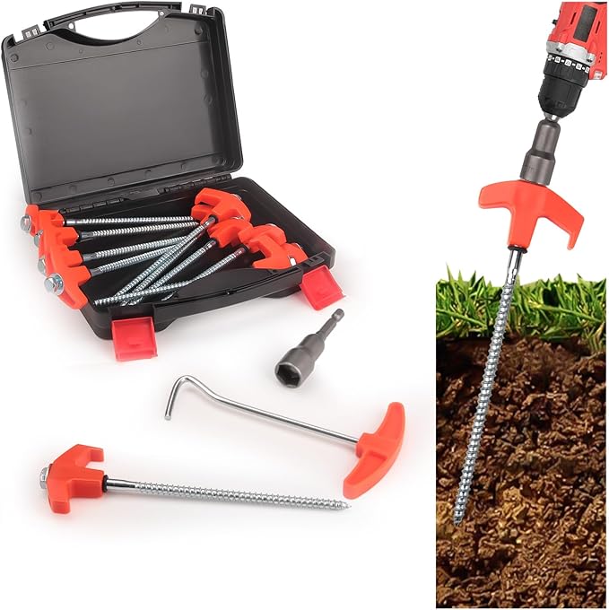 12 Pcs Tent Stakes Heavy Duty, 8 inch Ground Anchors Screw in, Screw in Tent Stakes, Camping Stakes with Storage Box, Threaded Tent Spikes with Hex Head Driver and Stake Puller, Ground Stakes