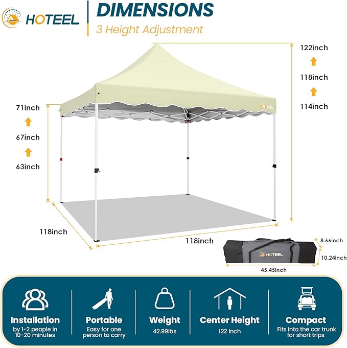 HOTEEL 10x10 Pop Up Canopy, Easy Setup Party Tent with Carry Bag, Weight Bag, Outdoor Portable Event Shelter for Backyard, Market, Khaki