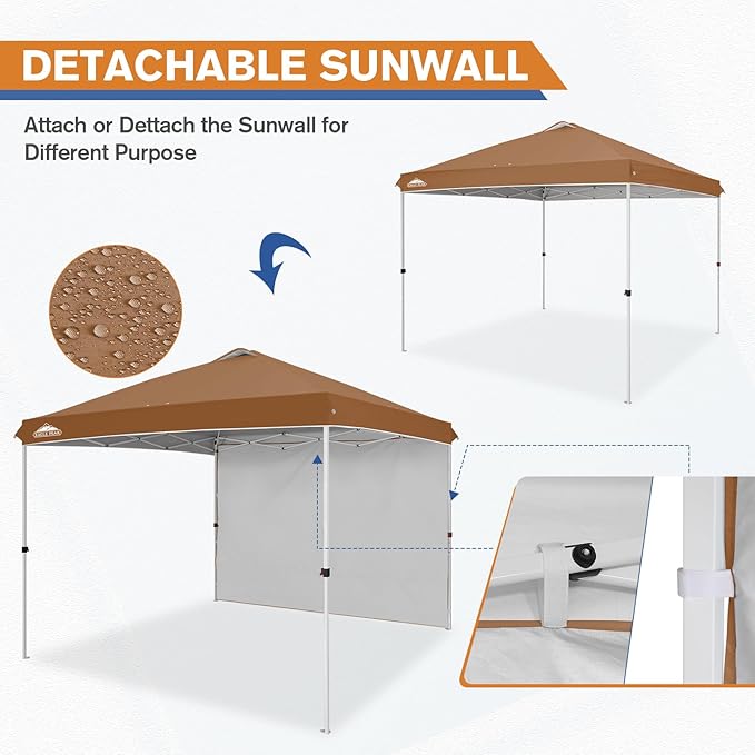 EAGLE PEAK Pop Up Canopy Tent with 1 Sidewall, Easy Setup Event Tent, Outdoor Sun Shade, Wheeled Carry Bag, Stakes and Guy Ropes, Instant Canopy 10x10, Khaki