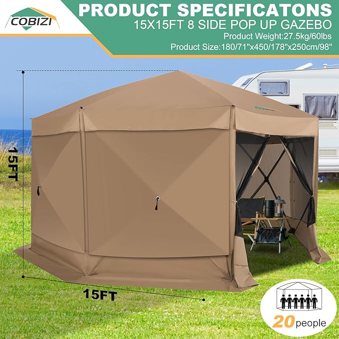COBIZI 15x15 FT Pop Up Gazebo - Canopy Tent, Large Gazebos On Clearance with Sidewalls,carpas para Patio,Screened in Gazebo,Portable Screen Tents for 12-15 Persons Outdoor Camping, Backyard, Khaki