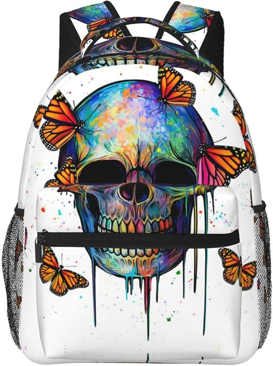 Rucksacks Multipurpose Anti-Theft Big Capacity Bookbag, Mexican Skulls Colorful Butterfly Art Travel Hiking Camping Rucksack With Padded Straps
