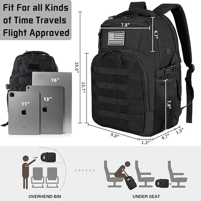 30L Military Tactical Backpack Small Army Molle Assault Bag 3 Day Daypack for Men Hiking Camping Work, Balck Tactical Backpack with Water Pouches