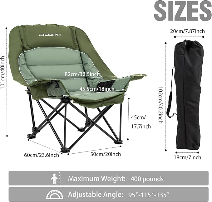 Dowinx Oversized Camping Chair for Adults - Extra Large, Folding Lawn Chair with Cup Holder, 3-Level Adjustable, 400 lbs Capacity, Green