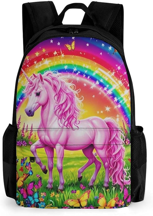 Supdreamc Daypack Backpack Multipurpose Anti-Theft Large Capacity Bookbag, Rainbow Unicorns And Butterflies Travel Hiking Camping Rucksack With Adjustable Shoulder Straps