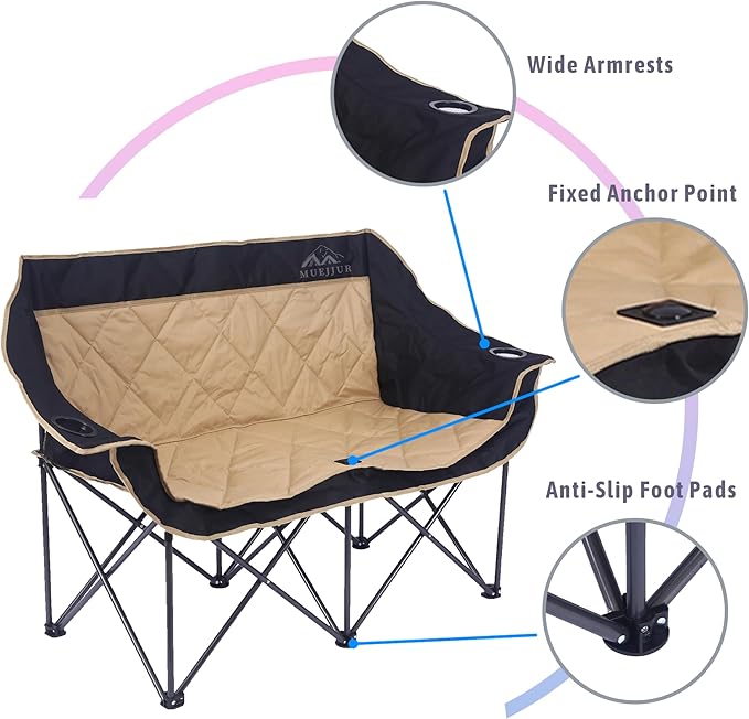 2 Person Camping Chair Oversized Loveseat Camping Chair Double Camping Chairs for Adults Heavy Duty Camping Couch Black Outdoor Folding Chair (Camel Color)